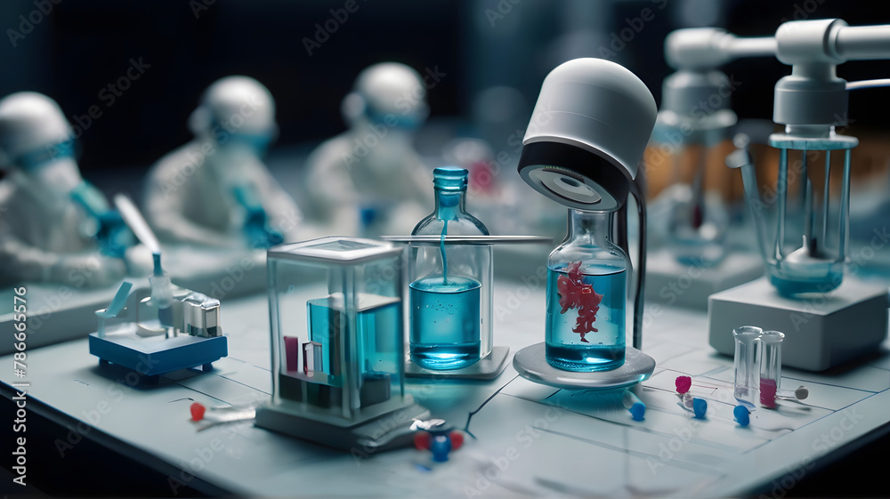 Miniature scientists meticulously analyze microscopic samples in the tiny lab, delving into the realm of medical research. - AI