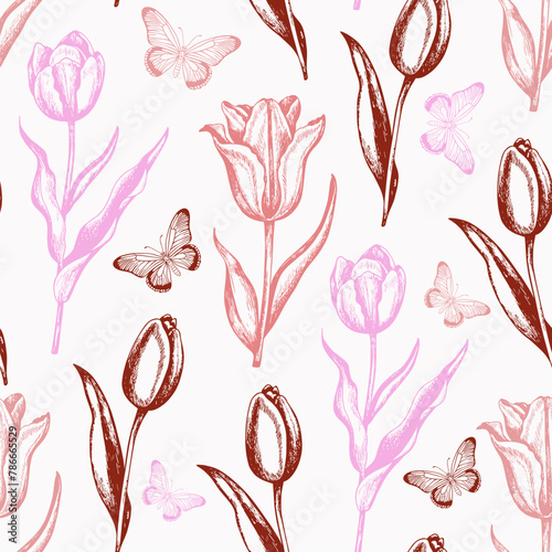 Vintage seamless pattern with pink tulips and butterfly © artspace