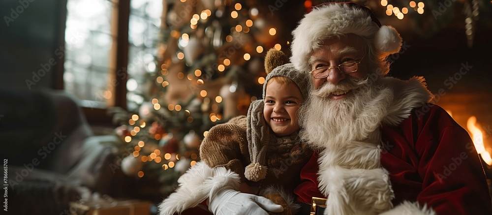 Santa Claus Hugging Smiling Child in Cozy American Christmas Setting Santa Claus Hugging Smiling Child in Cozy American Christmas Setting