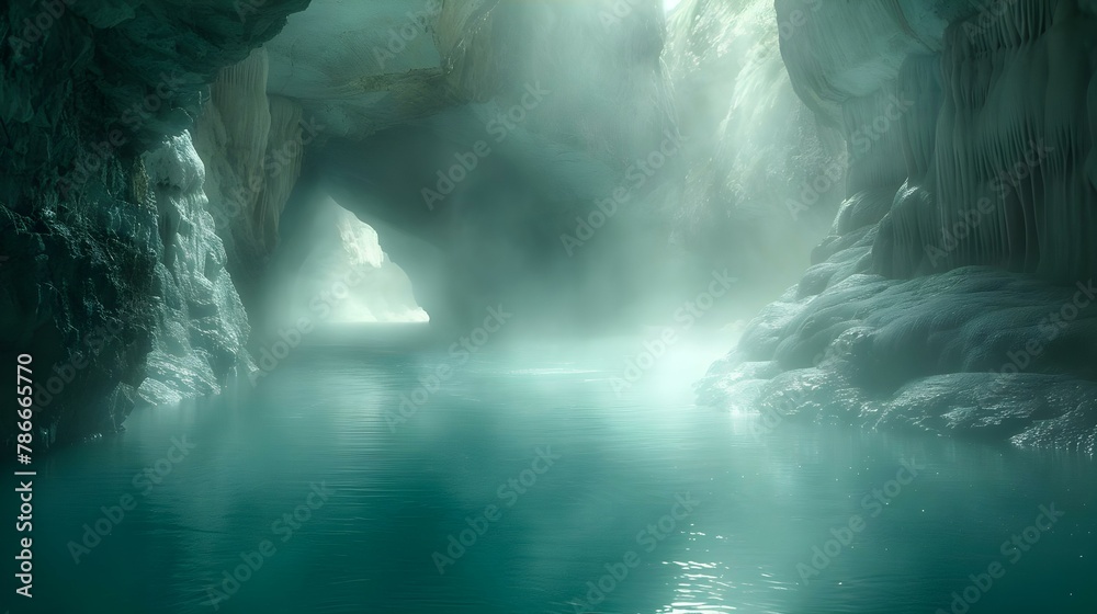 Ethereal Misty Cave Oasis in Tranquil Waters. Concept Nature Photography, Misty Caves, Oasis, Tranquil Waters, Ethereal Landscape