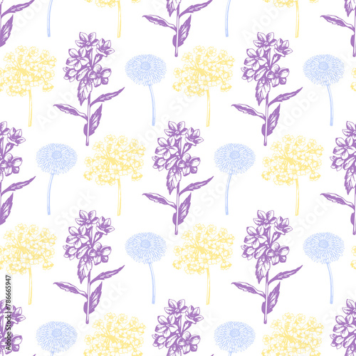 Vintage seamless pattern with spring flowers primrose. © artspace