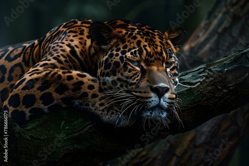 Majestic Leopard Resting on Tree Branch in Lush Tropical Wilderness