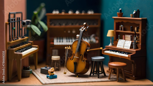 A tiny music studio with miniature instruments, recording equipment, and tiny musicians creating a small-scale symphony - AI photo