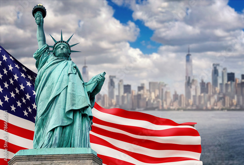 Statue of Liberty in the United States against the backdrop of the waving flag of America and New York City