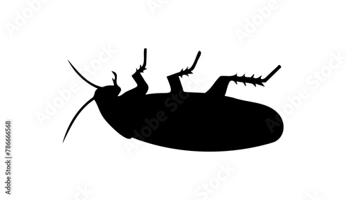 Black silhouette of dead cockroach lying on its back on white backdrop. Vector illustration. Good for pest control service ads, hygiene educational content, product labels for insecticides.