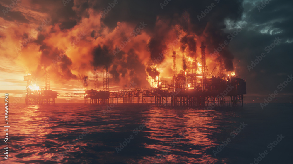 Fototapeta premium Offshore oil rig ablaze at dusk, smoke billows into sky creating dramatic industrial scene. Fire glow mirrors on ocean surface