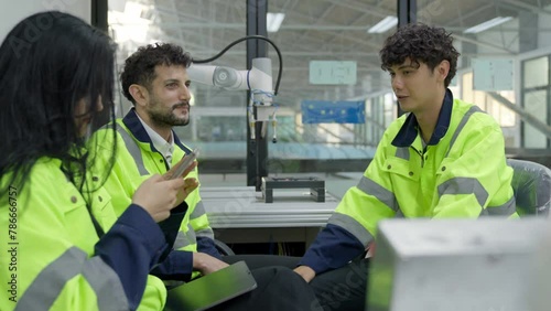 Group of multiethnic engineer researching and developing a robotics arm in scientific technology laboratory. Technician examining Industrial robot machine. Automated and manufacturing factory concepts