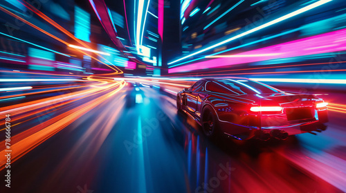 Modern futuristic car in movement. Cars lights on the road at night time. hyperlapse of transportation. Motion blur, light trails 