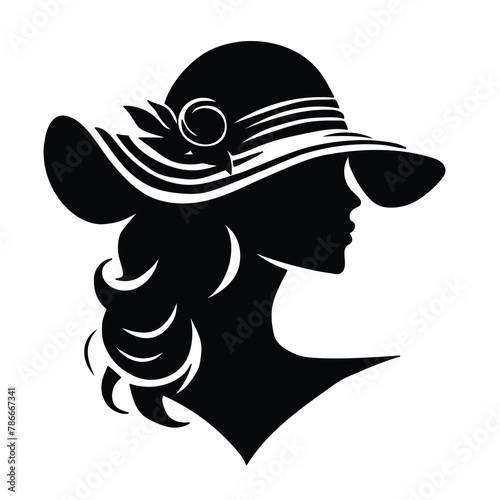 Vector illustration of a woman's head black silhouette with hat on white separate background