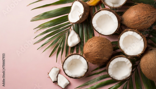 Summer concept. Top view photo of tropical fruits coconuts and palm leaves on isolated pastel pink background with copyspace 