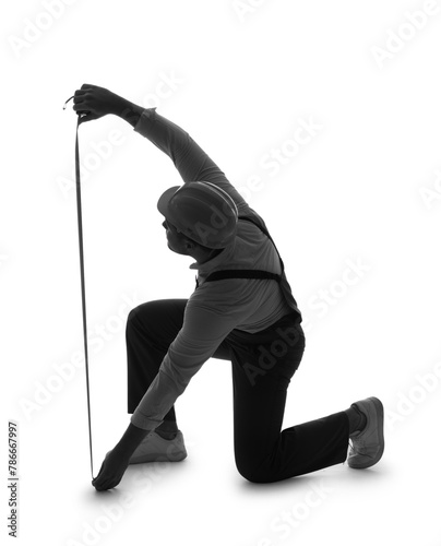 Silhouette of male worker with tape measure on white background