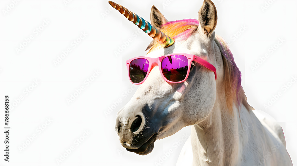 Funny horse pretending being a unicorn with sunglasses on white background - obrazy, fototapety, plakaty 