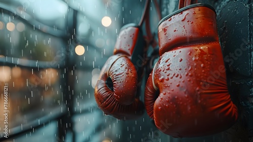Rainy Day Boxing Gloves Hanging in Moody Industrial Setting