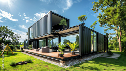 Modern shipping container house home in sunny day. Shipping container houses is sustainable, eco-friendly living accommodation 