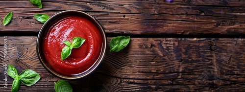 Italian tomato paste with basil beautiful serving in the restaurant. Copy space image. Place for adding text or design