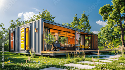Modern shipping container house home in sunny day. Shipping container houses is sustainable, eco-friendly living accommodation  © Clipart Collectors