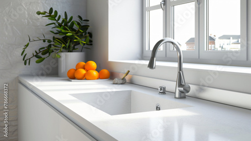 Modern white minimalistic kitchen interior details. Stylish white quartz countertop with kitchen sink with water tap, oranges and potted plant