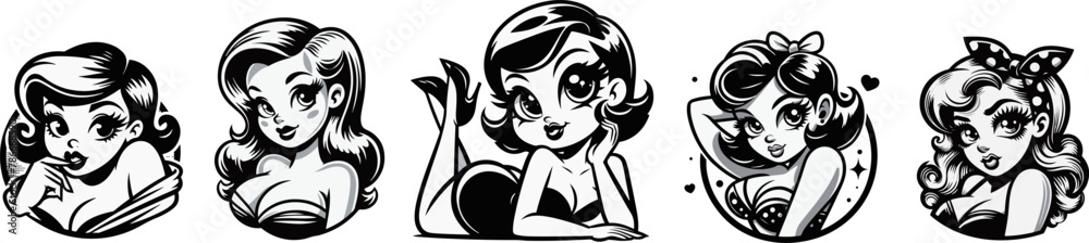 flirty small pin-up girls in various poses with big eyes, black pinup vector graphic shape, silhouette illustration - obrazy, fototapety, plakaty 