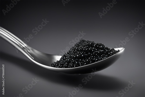 Black caviar. Sturgeon caviar. Black caviar in a spoon close-up. Sea delicacy on a dark background. Selective focus. AI generated