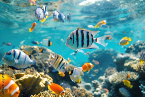 Diverse schools of fish swimming in coral reefs, A vibrant scene of diverse schools of fish gracefully navigating through colorful coral reefs