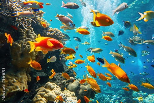 Diverse schools of fish swimming in coral reefs, A vibrant scene of diverse schools of fish gracefully navigating through colorful coral reefs