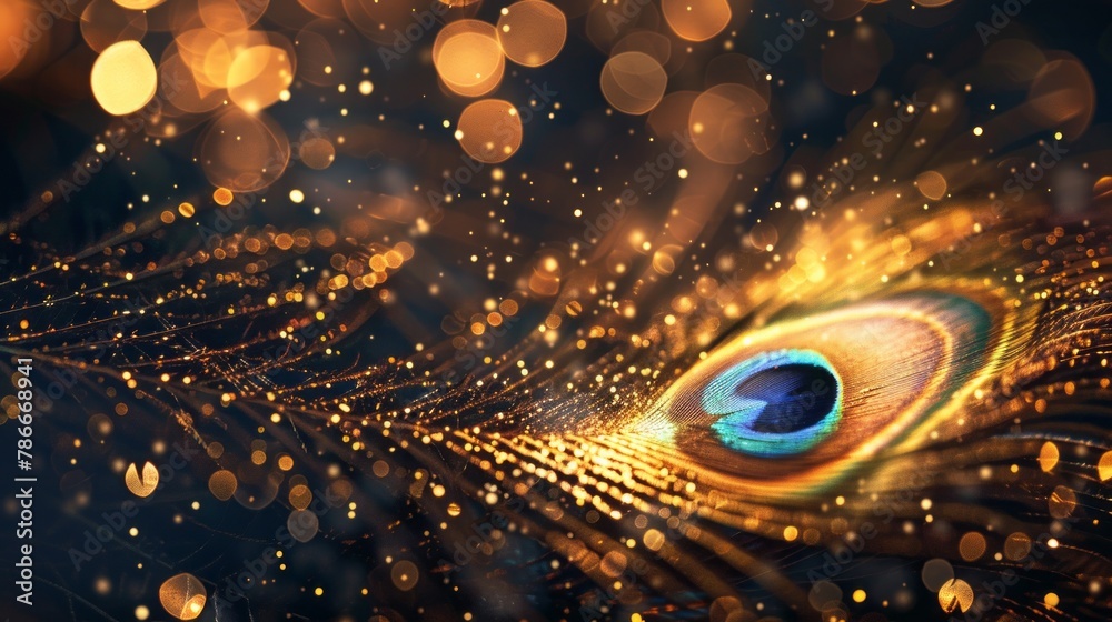 Obraz premium Golden peacock feather, with golden sparkles and lights.