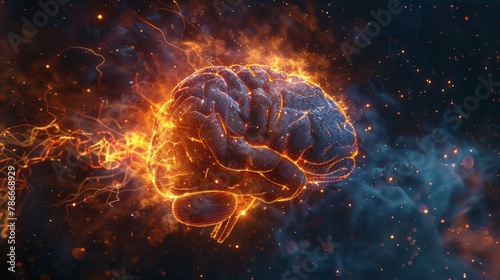 Electrifying art of a fully lit brain showcasing a high-energy depiction of cognitive functions like thinking and analyzing. photo