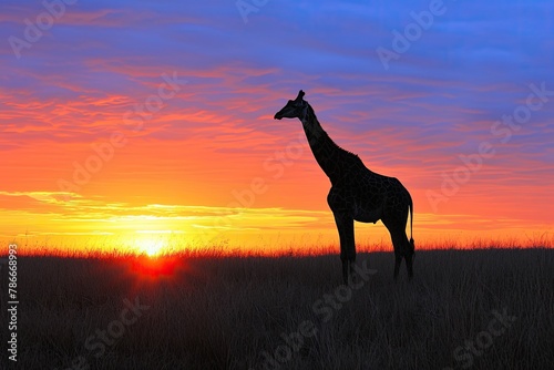 Elegant giraffe silhouetted against a vibrant sunset  A majestic giraffe standing tall  its graceful silhouette outlined against the backdrop of a breathtaking sunset