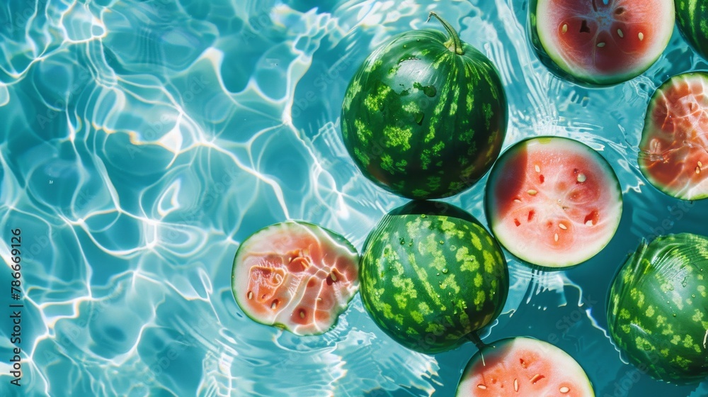 Overhead view of watermelons floating in a summer swimming pool. Overhead view of watermelons floating in a summer swimming pool.
