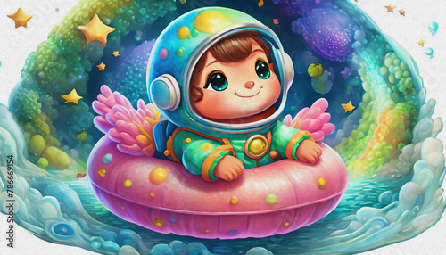 oil painting style CARTOON CHARACTER CUTE BABY astronaut in a full suit lies on a pink flamingo float in deep space,  © stefanelo