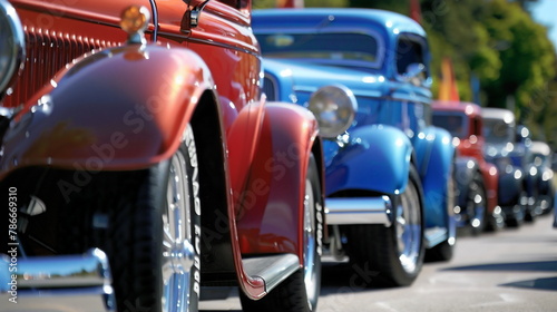 Classic cars in red, blue and silver colors were parked on the street
