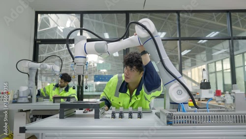 Group of multiethnic engineer researching and developing a robotics arm in scientific technology laboratory. Technician examining Industrial robot machine. Automated and manufacturing factory concepts