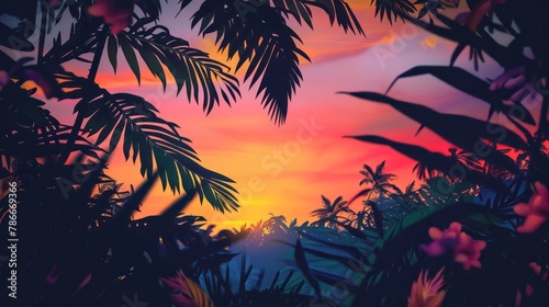 Sunset scene with a silhouetted tropical landscape showing through an array of brightly colored foliage.