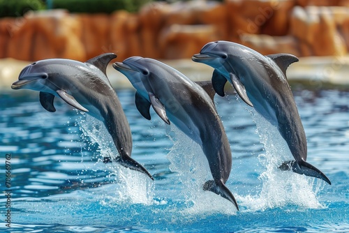 Graceful dolphins leaping in synchronized harmony, A mesmerizing display of dolphins gracefully leaping out of the water in perfect synchronization