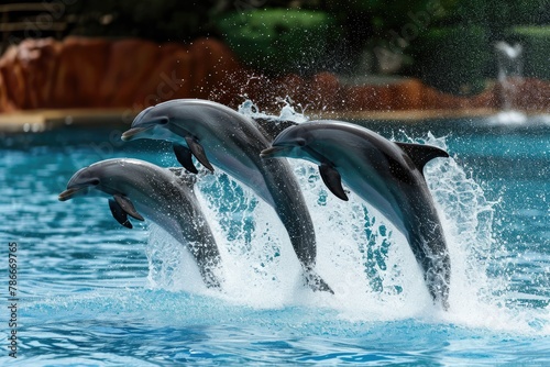 Graceful dolphins leaping in synchronized harmony, A mesmerizing display of dolphins gracefully leaping out of the water in perfect synchronization photo
