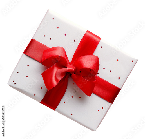 A white box with red ribbon on top. The box is on a transparent background. View from above. PNG transparent background