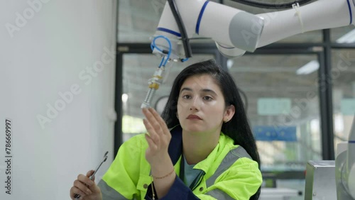 Group of multiethnic engineer researching and developing a robotics arm in scientific technology laboratory. Technician examining Industrial robot machine. Automated and manufacturing factory concepts