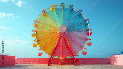 Here is a colorful ferris wheel, viewed from the front.