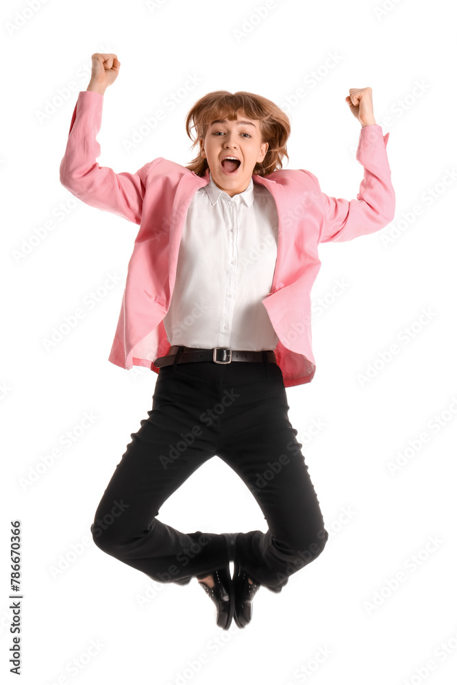 Funny young businesswoman jumping on white background Funny young businesswoman jumping on white background
