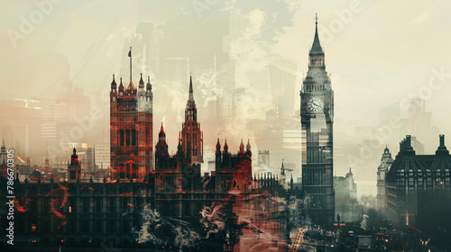 Big Ben and London double exposure contemporary style artwork collage illustration