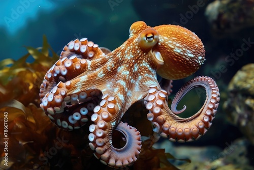 Intriguing octopus showcasing its intelligence underwater, Witness the mesmerizing display of an octopus © SaroStock