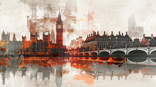 Big Ben and London double exposure contemporary style  artwork collage illustration