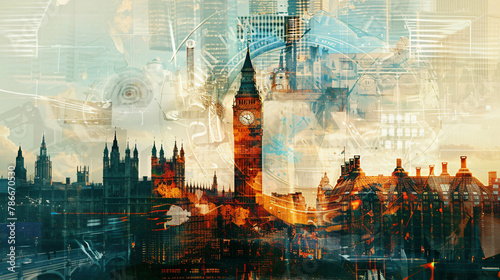 Big Ben and London double exposure contemporary style artwork collage illustration