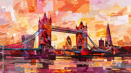 Contemporary style minimalist artwork collage illustration of London Bridge 