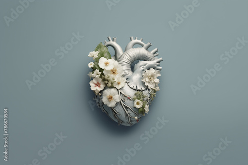 Silver heart made of white  flowers, bright background, minimal concept