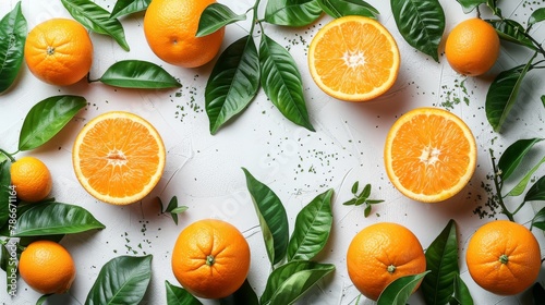 A top view of oranges and leaves on a white background