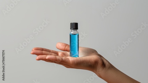 Antiseptic antibacterial disinfectant hand held on white background.