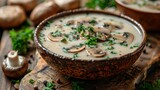 In a wooden background, mushroom cream soup is pictured with a space for text