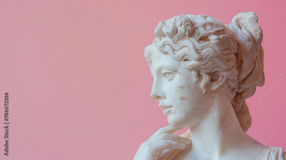 Muse sculpture statue being thoughtful isolated on minimal pastel pink background with copy space, Emotions, thoughtfulness, creative concept.