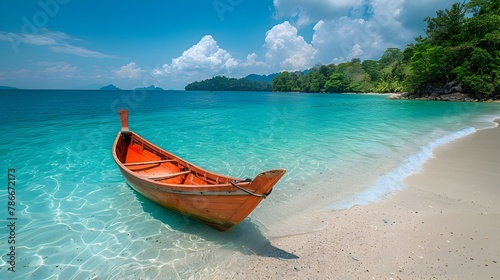 Serene Tropical Island Cove with Wooden Boat on Tranquil Turquoise Waters